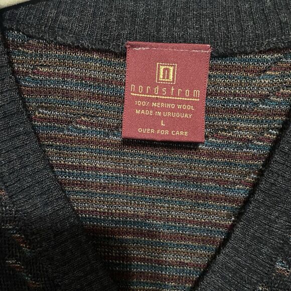 Nordstrom Merino Wool Sweater Mens Sz L Black Pullover V‎ Neck Geometric - Picture 3 of 6